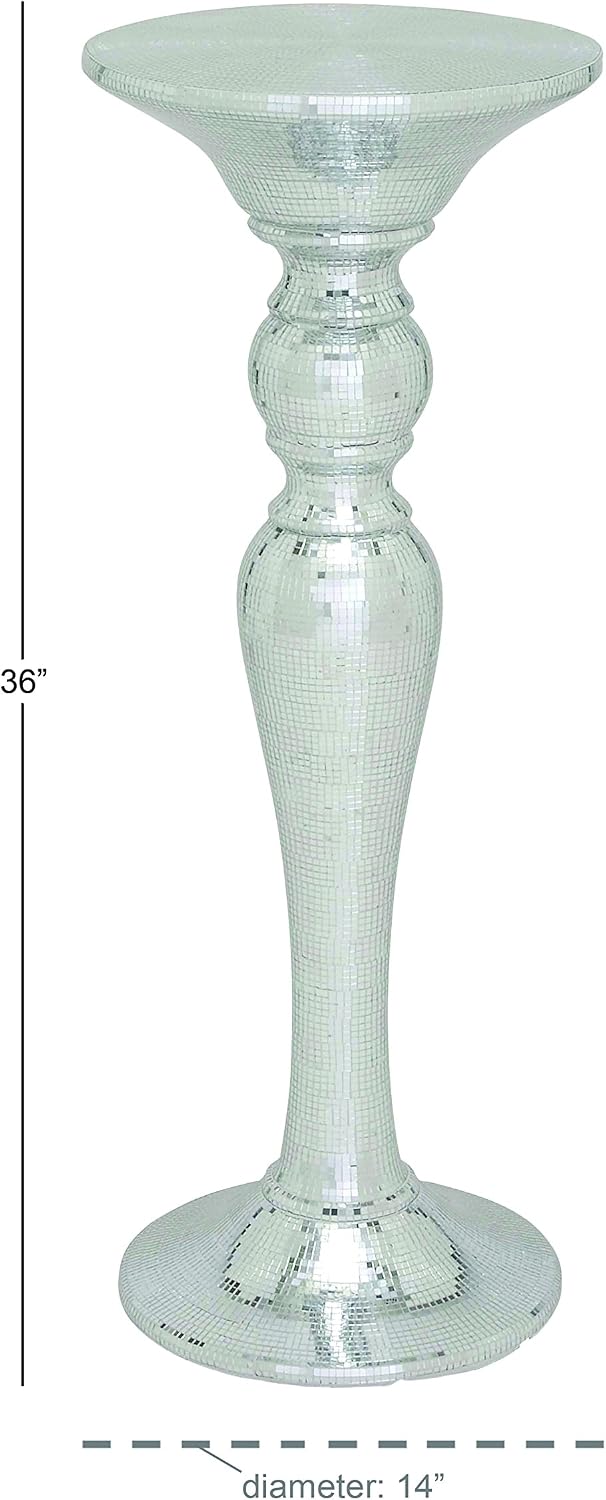 Deco 79 Polystone Round Pedestal Table with Mosaic Mirror Inlay, 14" x 14" x 36", Silver