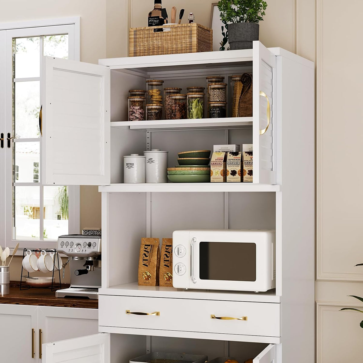 Tall Metal Pantry Cabinet with countertop & Drawer | Elegant Louvered Door Design with Modern Appeal,120 lb Adjustable Shelves with Steel Durability