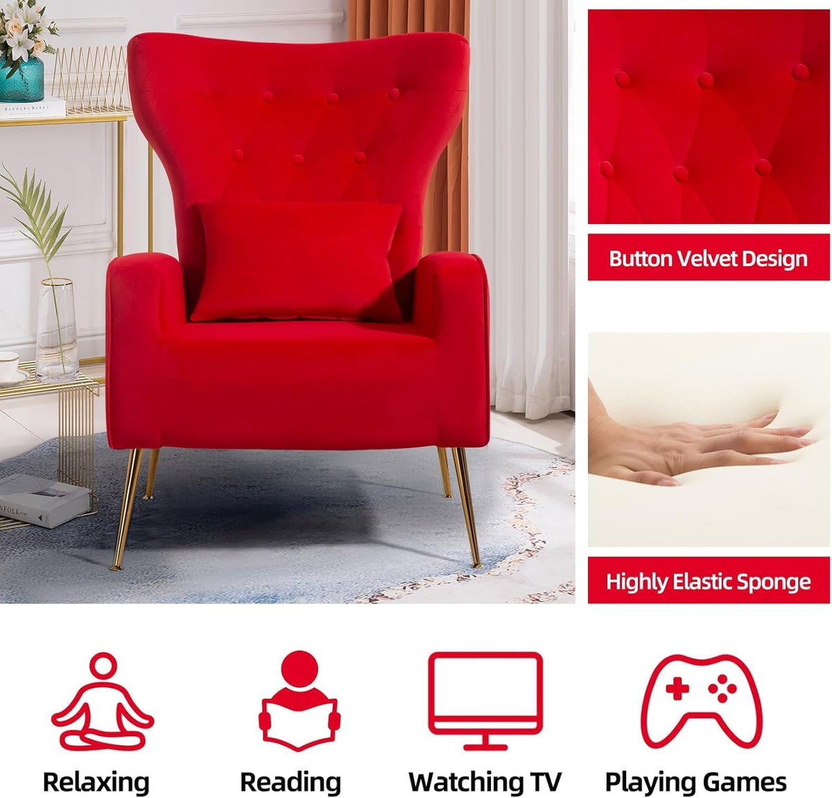 Velvet Accent Arm Chairs Set of 2, Mid-Century Modern Living Room Chair, Wingback Bedroom Side Chair with Gold Legs & Pillow, Button-Tufted, Red