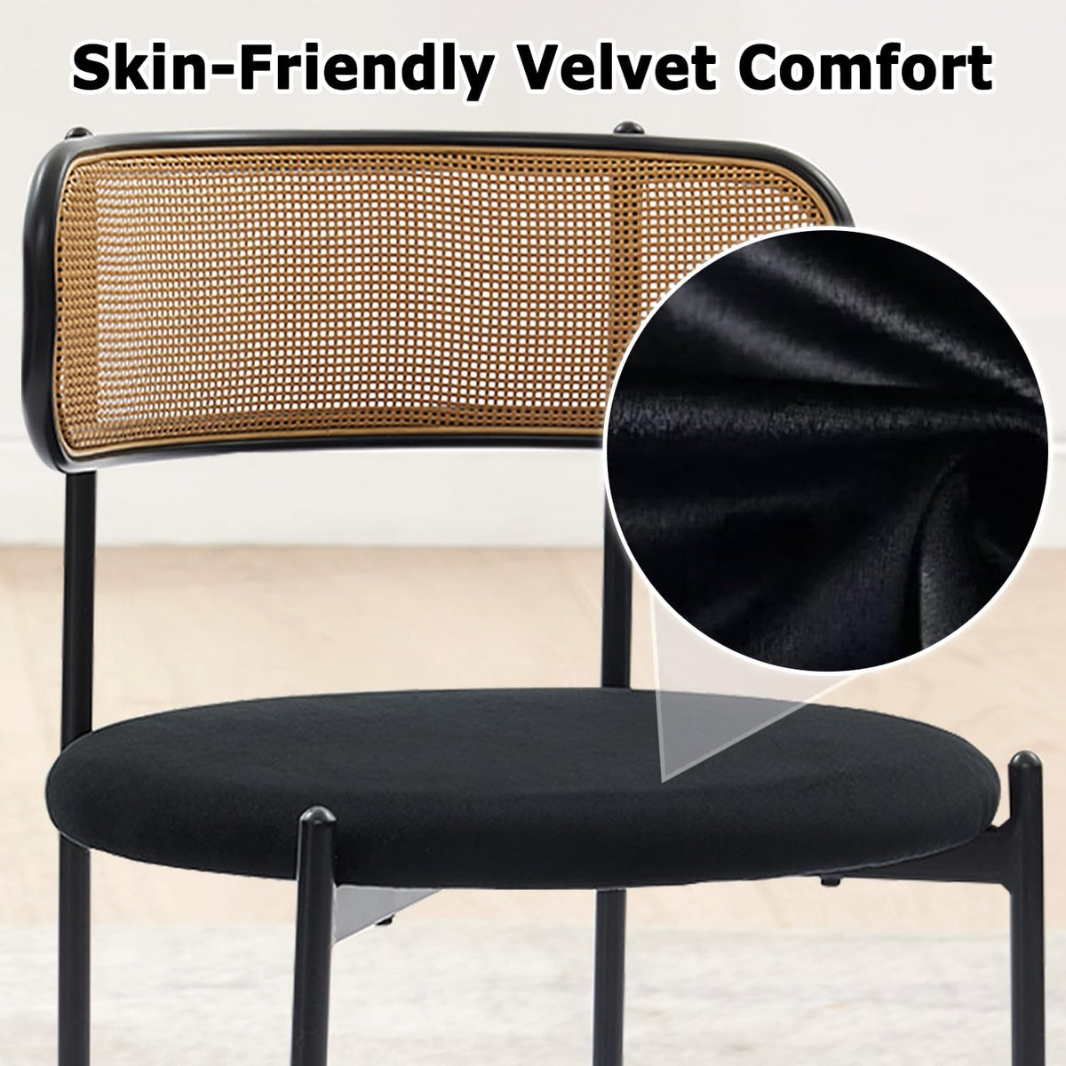 Rattan Dining Chairs Set of 4, Velvet Mid-Century Modern Upholstered Dining Chairs with Woven Cane Backrest, Black Kitchen Dining Room Chairs