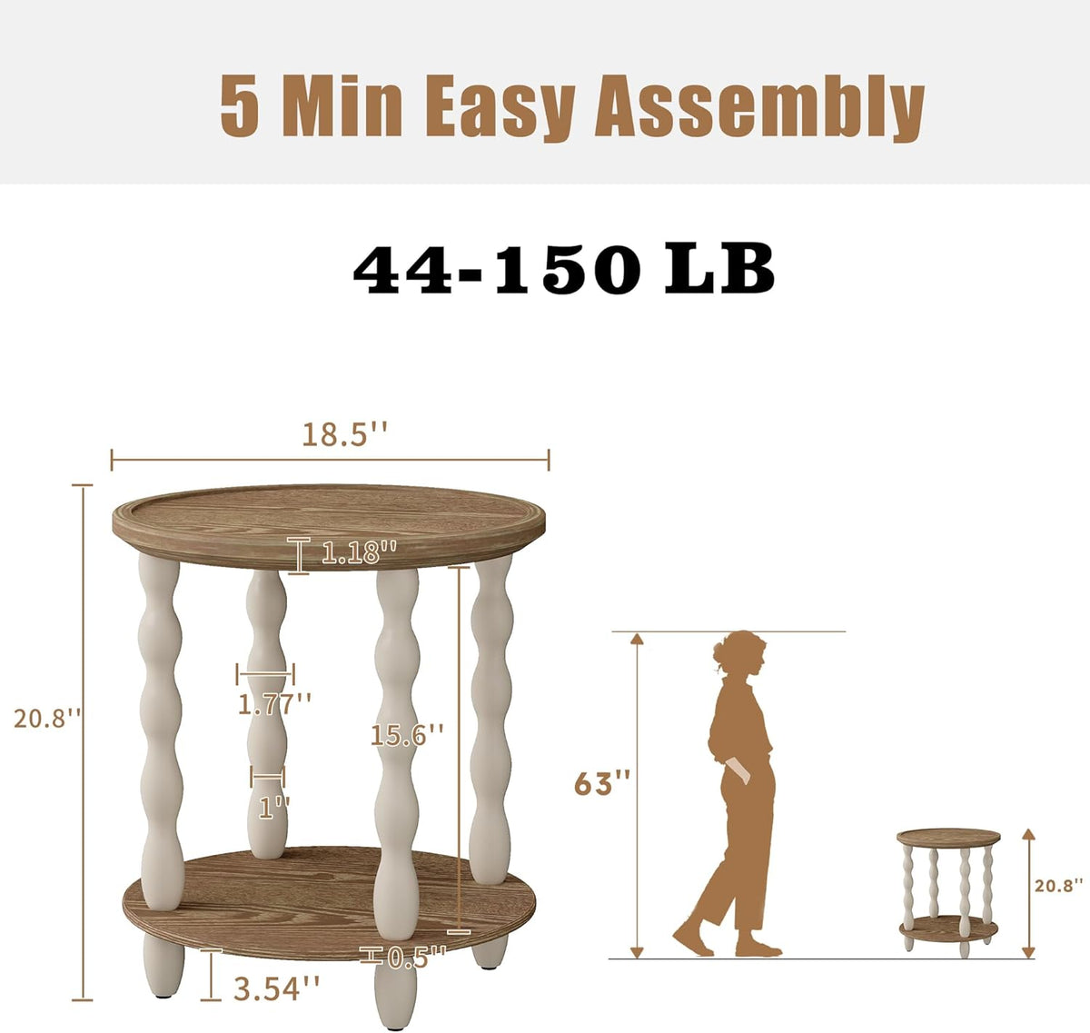 Round End Table, 2-Tier Farmhouse End Table, 18.5'' Handcrafted Weathered Look Wooden Nightstand, Pine Leg, Small Side Tables for Living Room, Small Space, Bedroom, Boho, Easy Assembly, Cream Beige