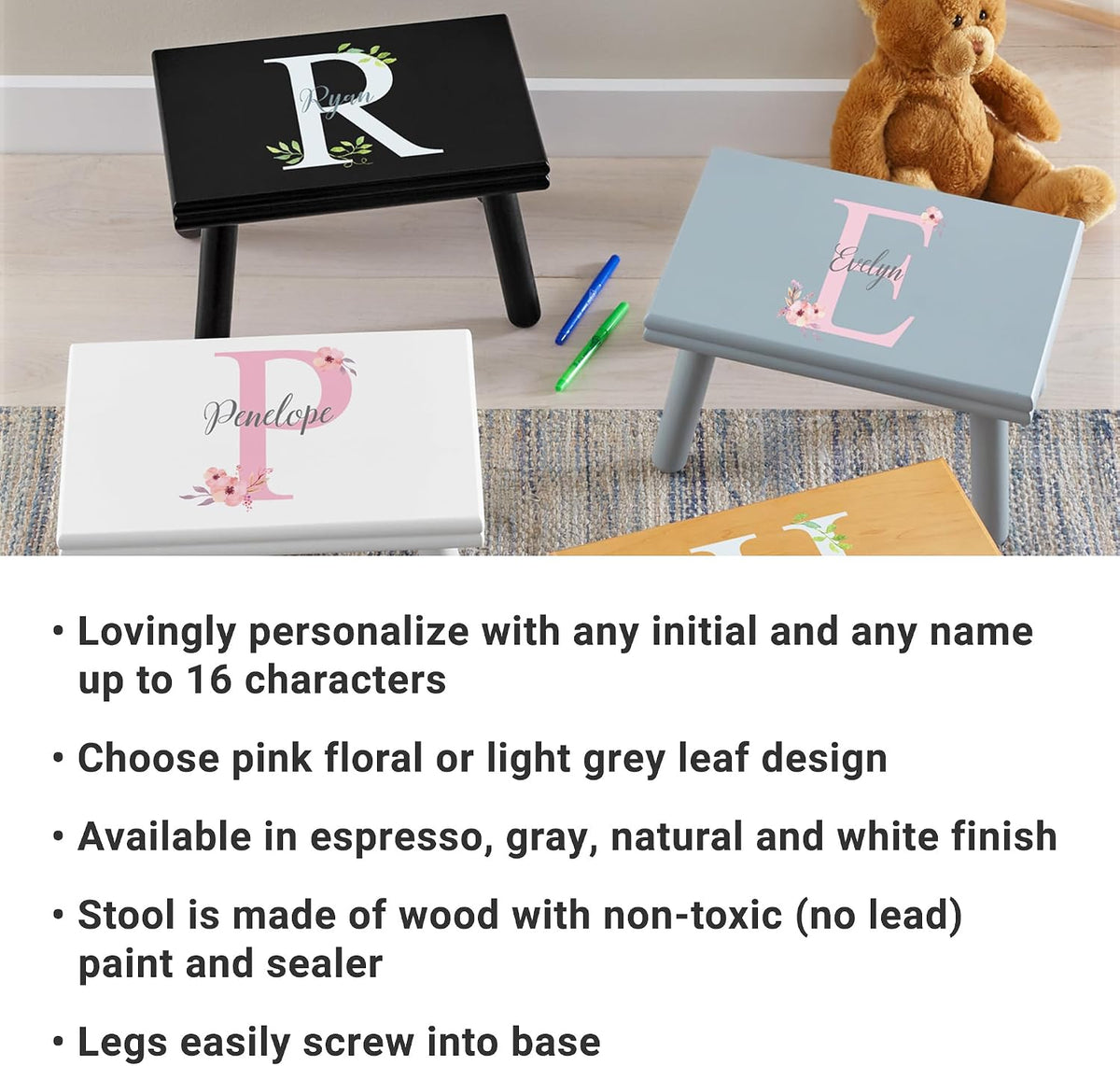Let's Make Memories Personalized Step Stool - for Ages 3+ - Wood - Floral Design - Gray