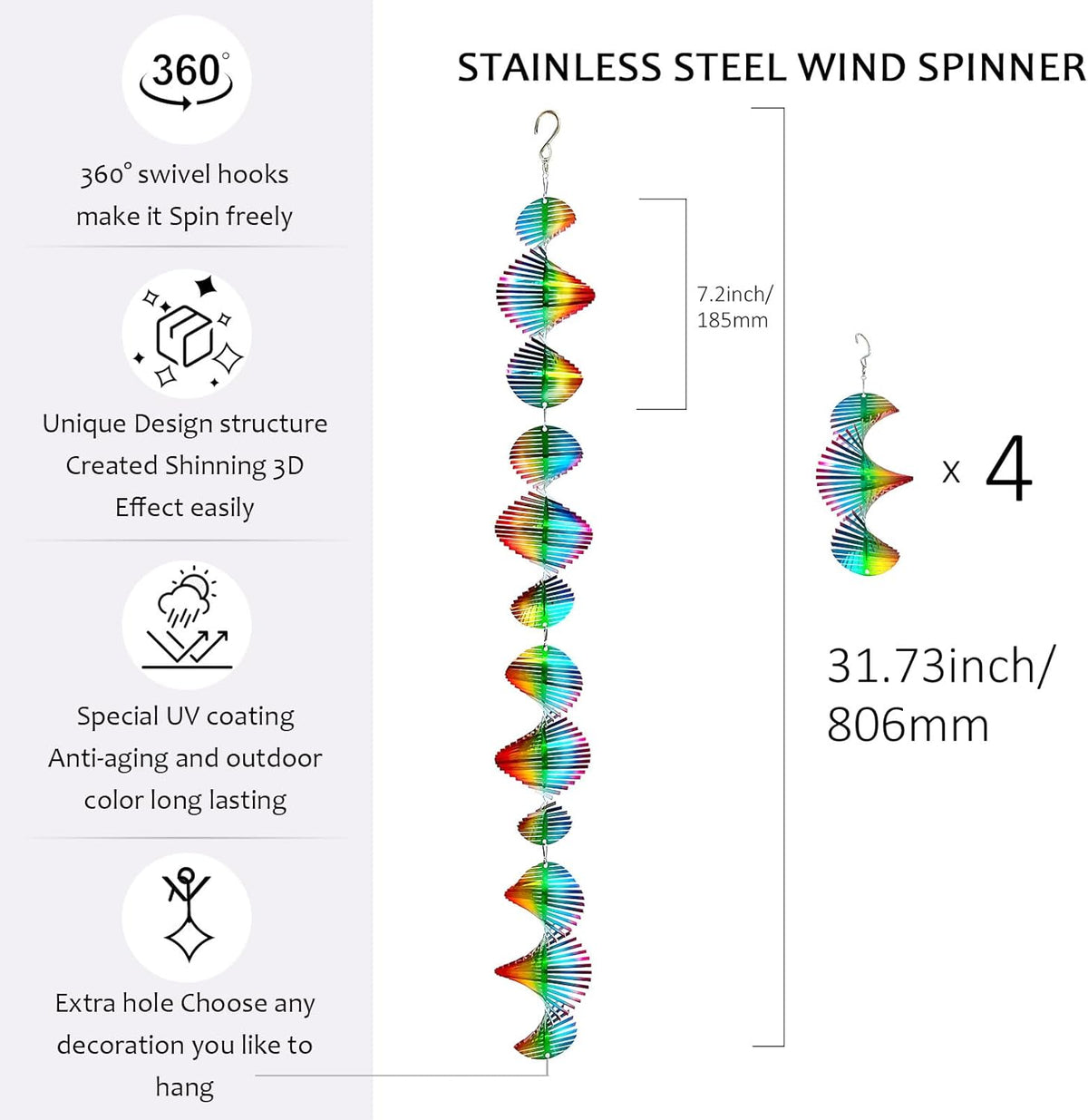 Rainbow Wave Wind Spinners Outdoor Hanging Garden Decor,Bird Deterrents for Outside,Sparkly Reflective Wind Spinner,Stainless Steel Bird Scare Devices-Scare Birds Away from Yard Patio Farm