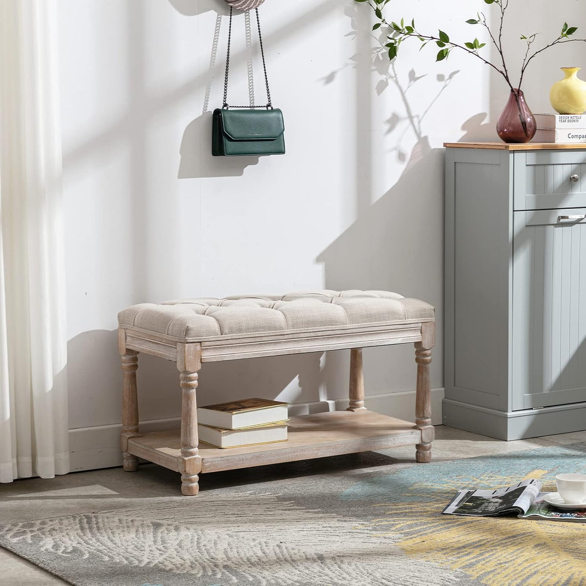 Farmhouse Storage Bench Wooden Entryway Linen Upholstered Ottoman Button Tufted Bench for Bedroom End of Bed Hallway Organizer, Beige, 32 Inch