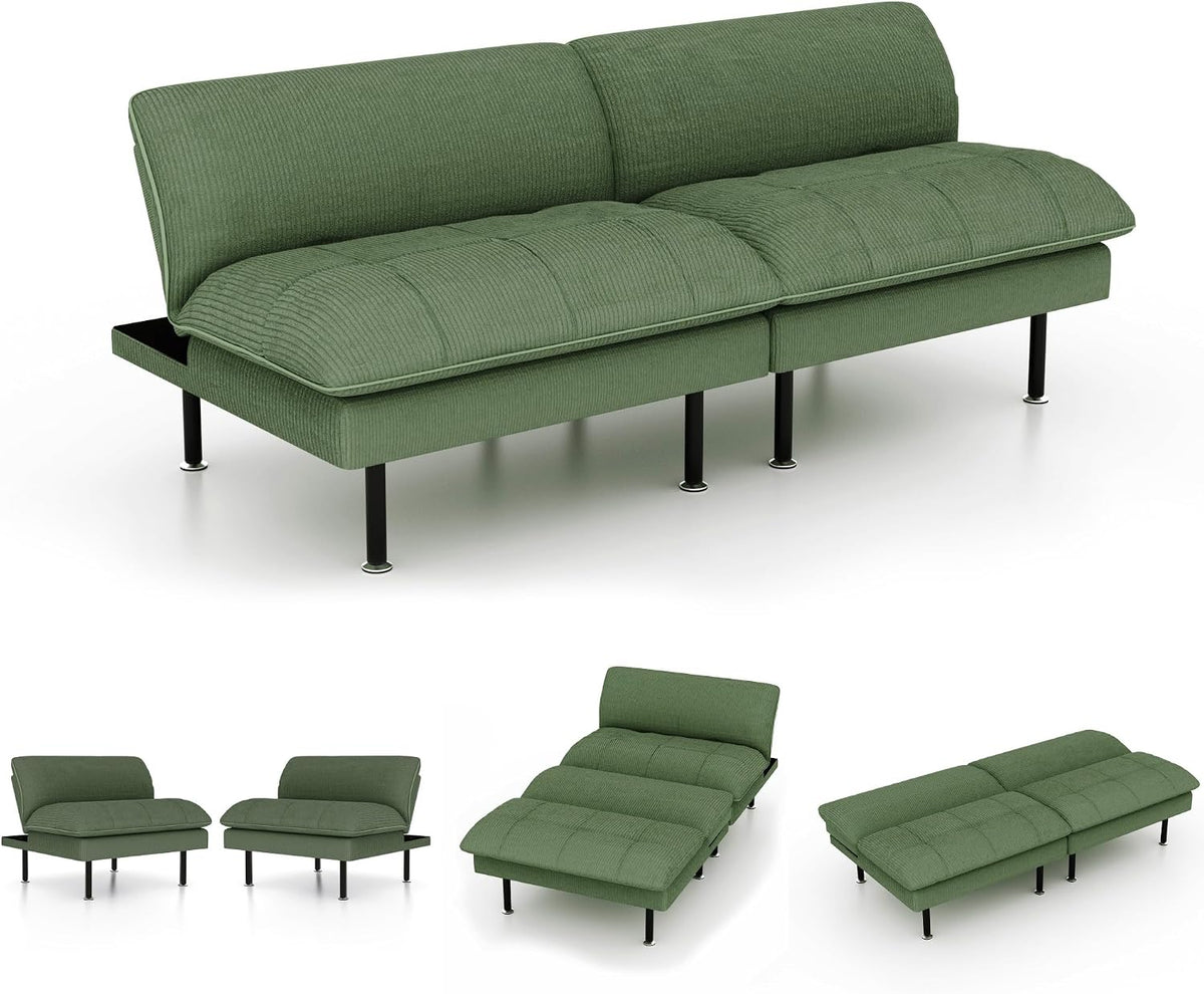 Ribilake 2 Sets 70" Futon Sofa Bed, 4 in 1 Multi-Function Couch Sleeper with Adjustable Backrest, Modern Convertible Futon, Recliner Small Loveseat for Living Room, Green
