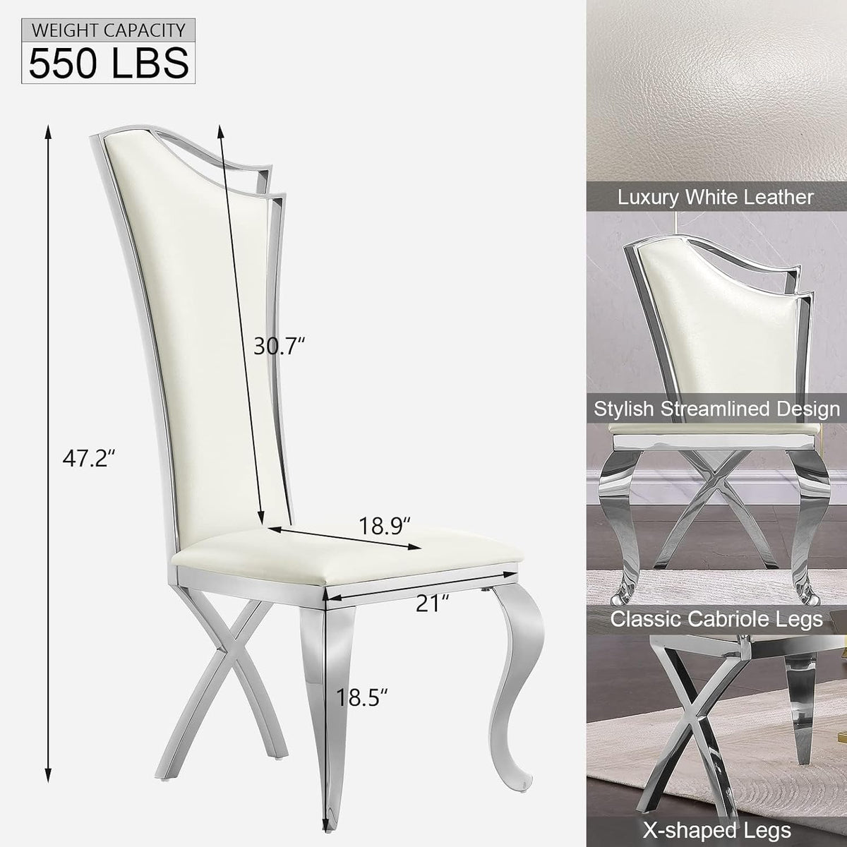 Asday Dining Chairs Set of 6, White Faux Leather and Silver Streamlined High Back Dining Room Chairs with Curved and X Stainless Steel Legs