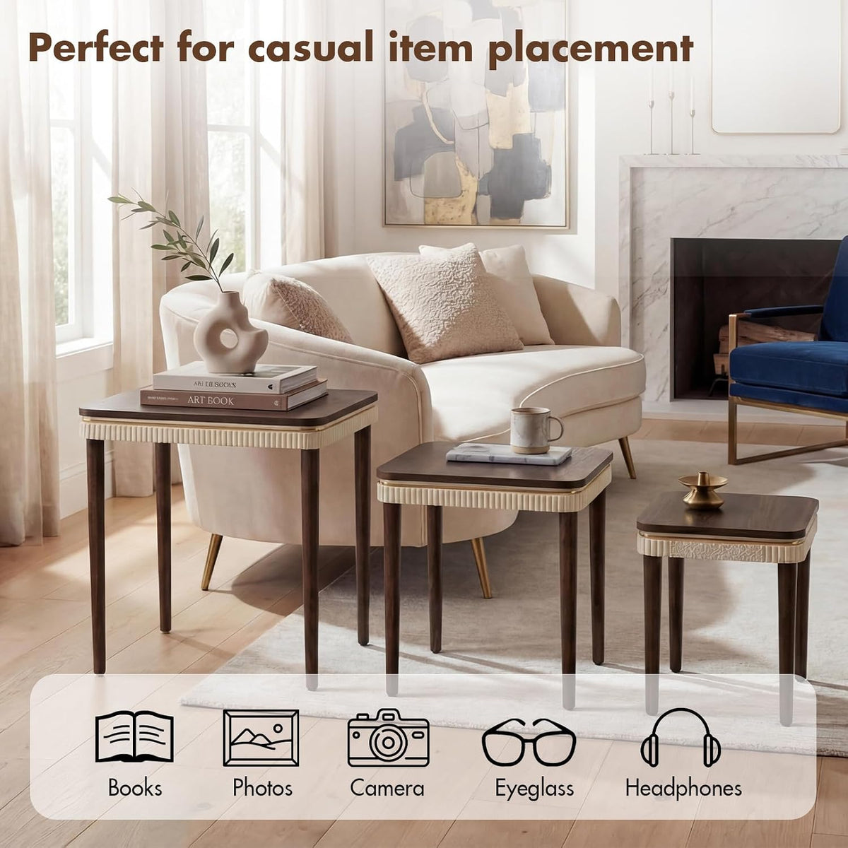 Hyfirm Walnut Nesting Tables Set of 3, Mid Century Side Tables | Space-Saving Stackable Design | Veneered Tops with Gold Trim | Rubberwood Legs