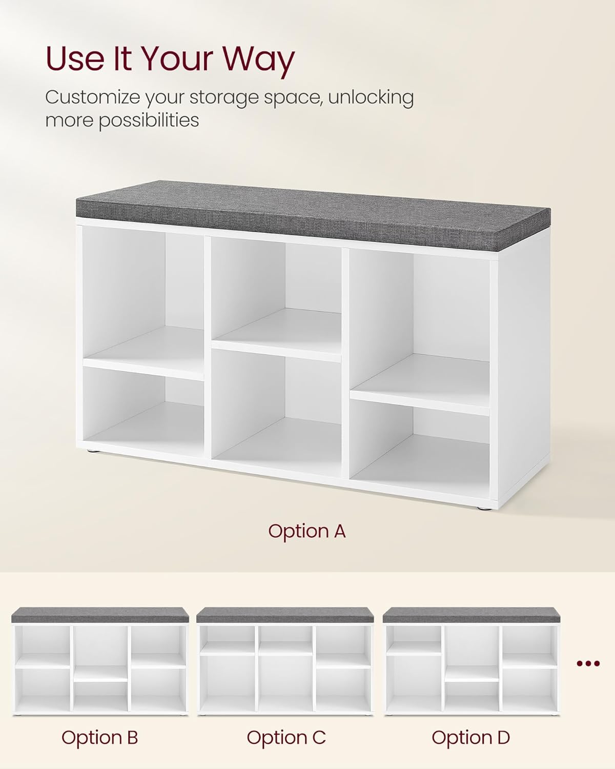 VASAGLE Shoe Bench with Cushion, Shoe Storage Bench with 6 Compartments and 3 Adjustable Shelves, Entryway Bench with Padded Seat, for Bedroom, Closet, Living Room, White ULHS23WT