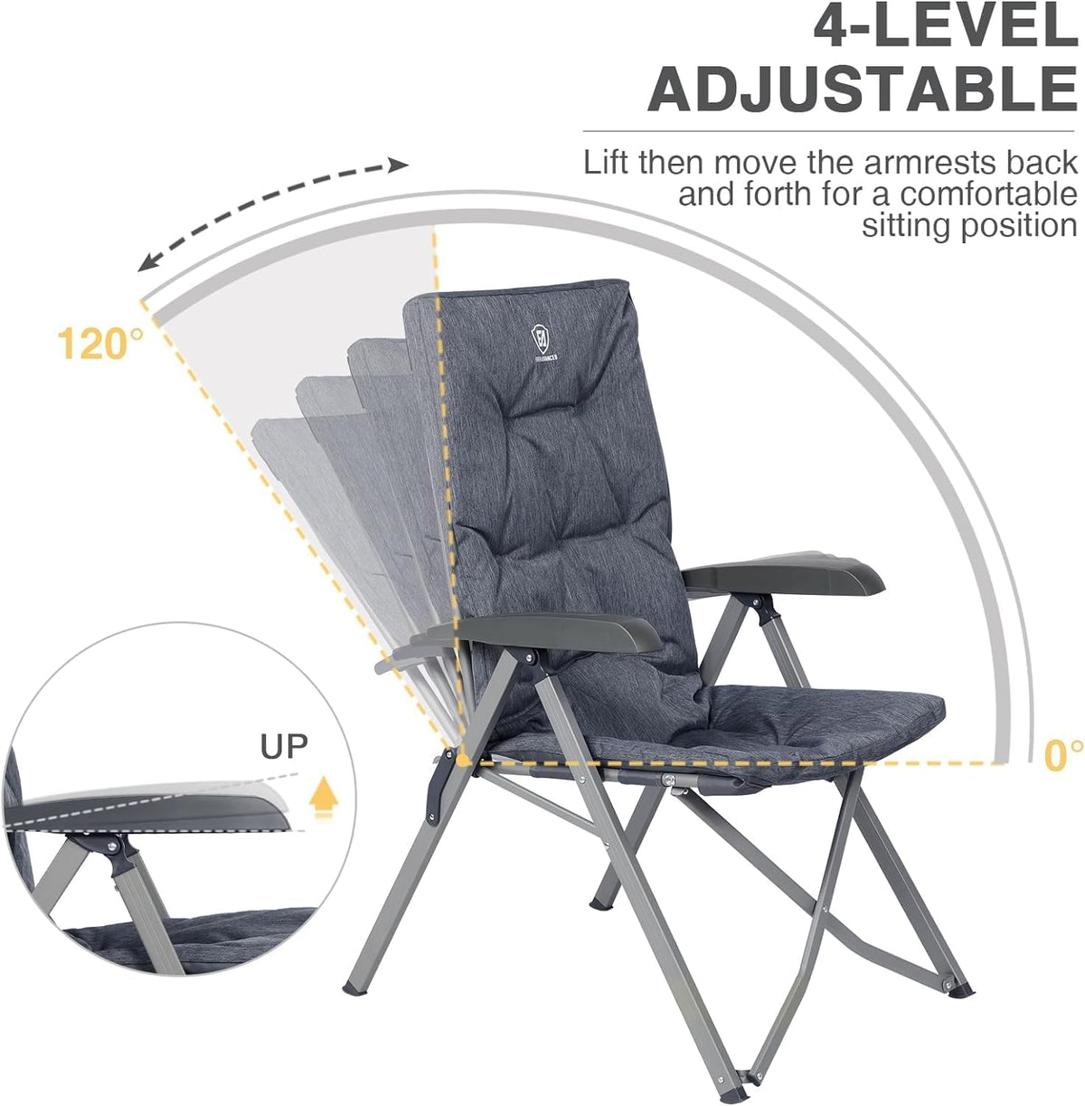 EVER ADVANCED Luxury Camping Chairs 2 Set for Adults Heavy Duty High Back Oversized Folding Garden Chair Comfy Padded Loadable 330LBS Adjustable Dining Chairs 4-Position Recliner Chair Grey