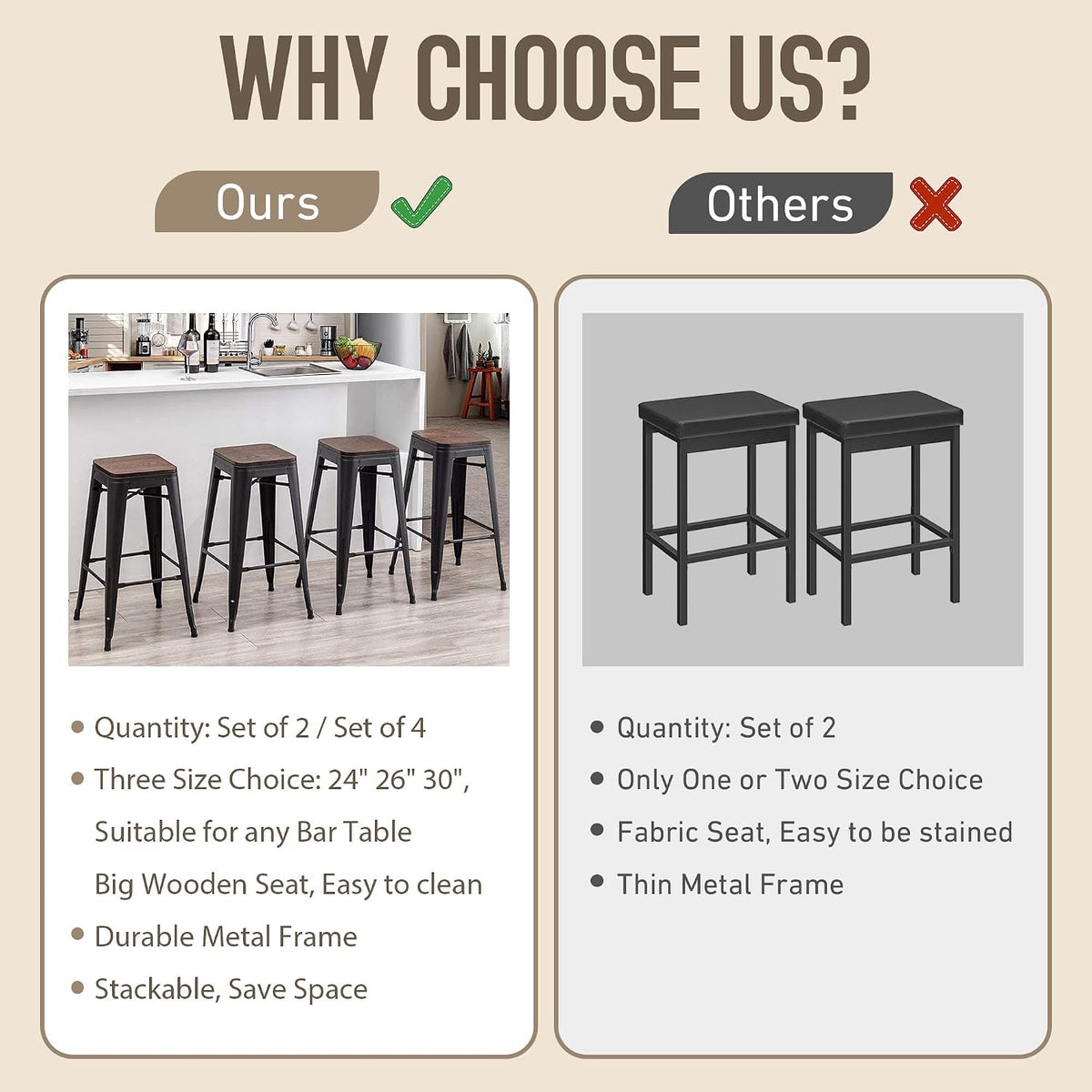 Alunaune 30" Metal Bar Stools Set of 2 Stackable Counter Height Barstools Backless Industrial Kitchen Bar Chairs with Wooden Seat-Matte Black
