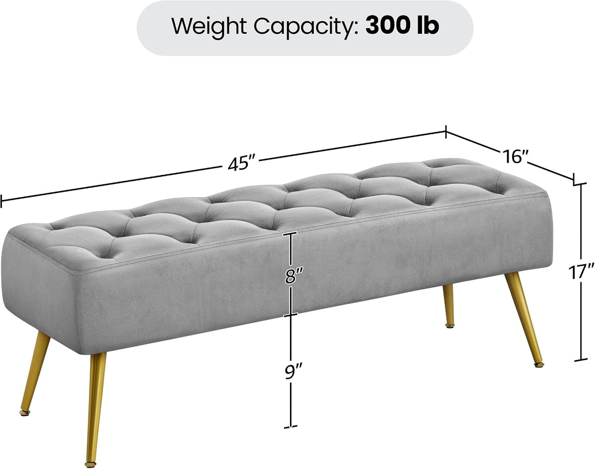 Yaheetech 45in Upholstered Velvet Ottoman Bench Seat with Gold Legs, Gray | Tufted Upholstered Bench Seat, Bed Bench with Tapered Gold Metal Legs, Sized for Window Seat Entryway Living Room