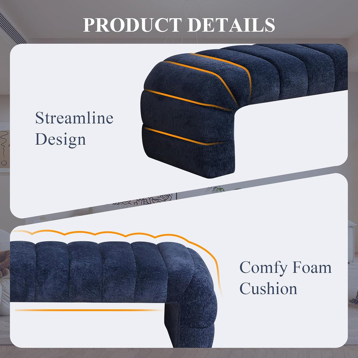 NIOIIKIT 69.7" Ottoman Bench, Teddy Upholstered Queen Size End of Bed Bench, Channel Tufted Entryway Bench with Cushion, Long Bedroom Bench, Window Bench Seat for Entryway, Living Room (Navy)