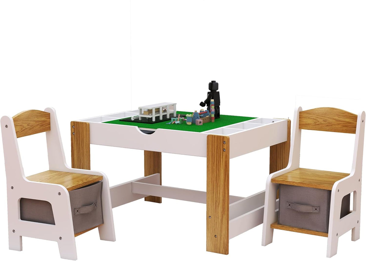 GDFStudio Kids 2-in-1 Activity Table & 2 Chairs Set LEGO-Compatible Play Table with Whiteboard Top, Storage Compartments & Canvas Drawer Chairs, Wooden Learning Desk Furniture for Playroom, White