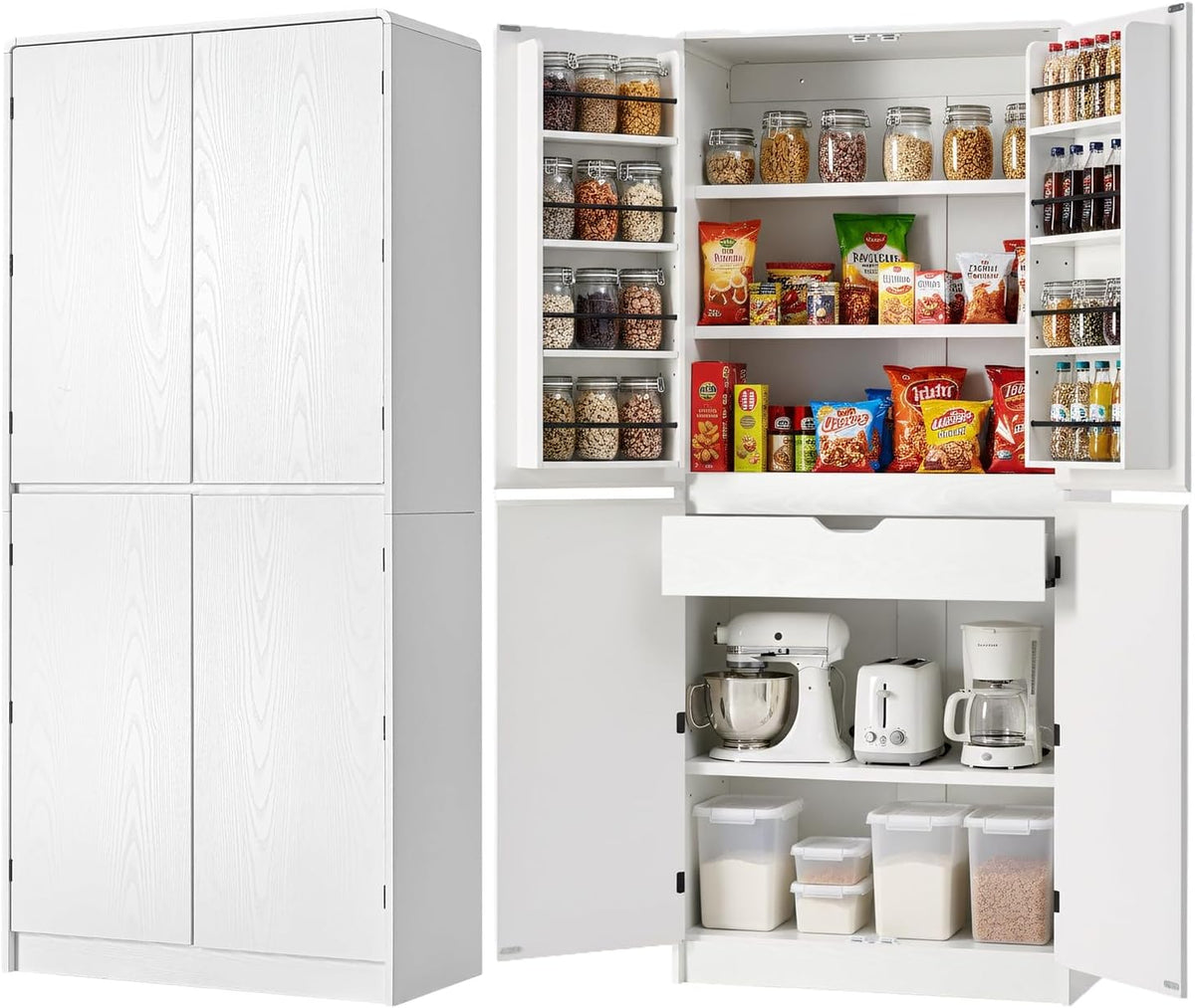72" Tall Pantry Cabinet with 8 Door Shelves, 250lb Heavy Duty Storage Cupboard with Drawer, Modern Farmhouse Organizer for Office & Dining, White