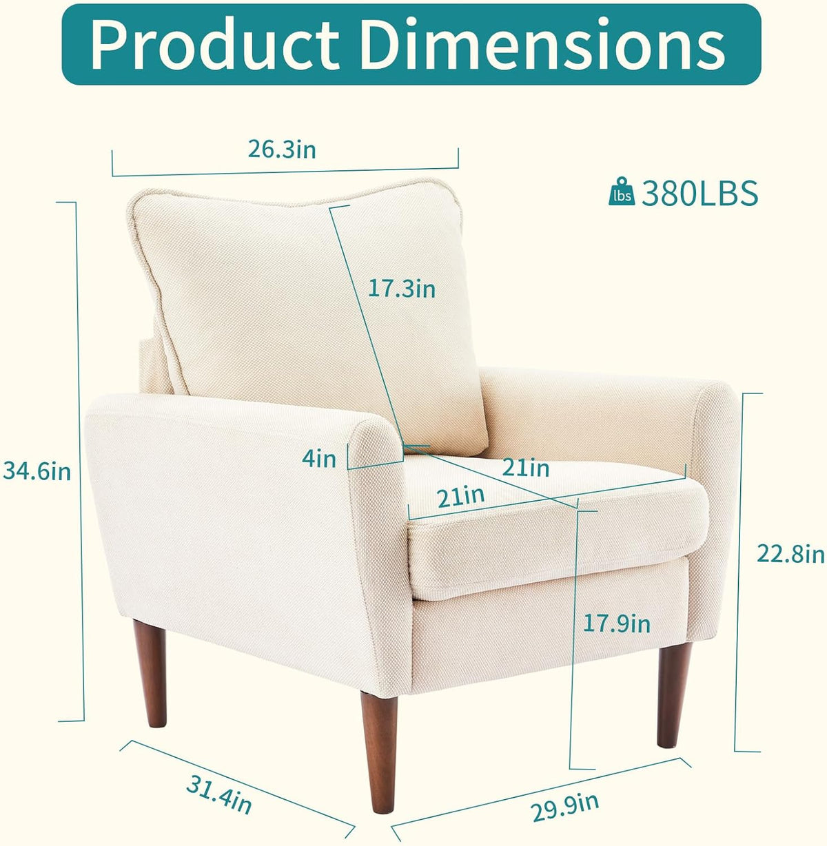 OLIXIS Comfy Accent Chair for Living Room Bedroom and Waiting Room | Upholstered Mid-Century Reading Chair with Pillow and Solid Wood Legs, Wide Singe Modern Lounge Sofa, Cream Beige