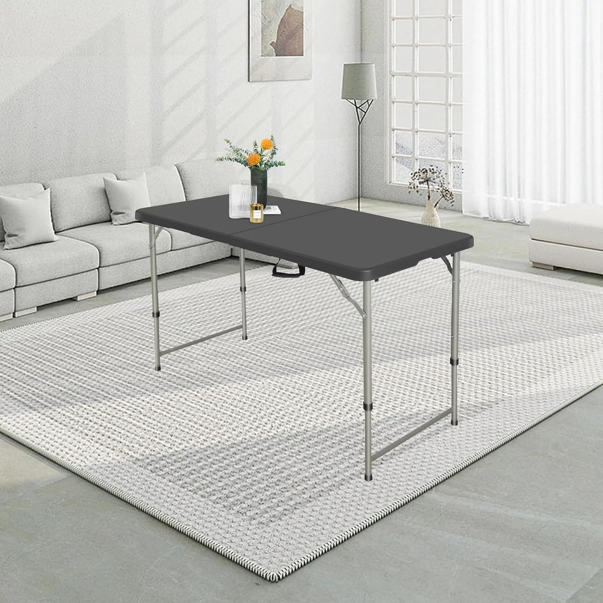 SKONYON 4 Foot Folding Table Heavy Duty Portable Fold-in-Half Plastic Utility Table Small Indoor Outdoor Adjustable Height Card Table with Carrying Handle, Camping and Party, Black