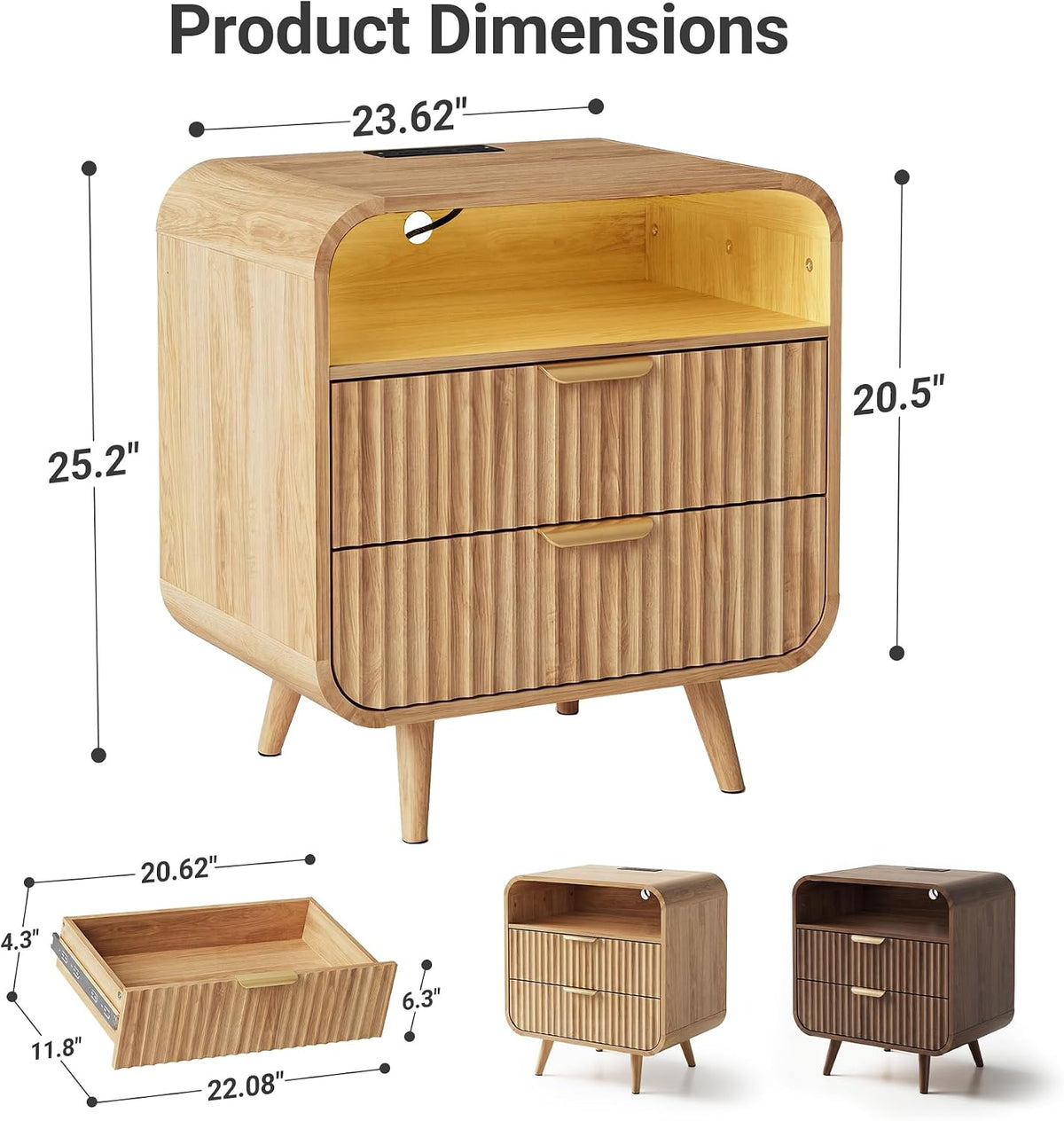 24" Curved Nightstand Set of 2,Night Stand with Charging Station & LED Light,Modern Fluted Bedside Table with 2 Drawers,Wooden End Table with Open Shelf for Bedroom,Natural