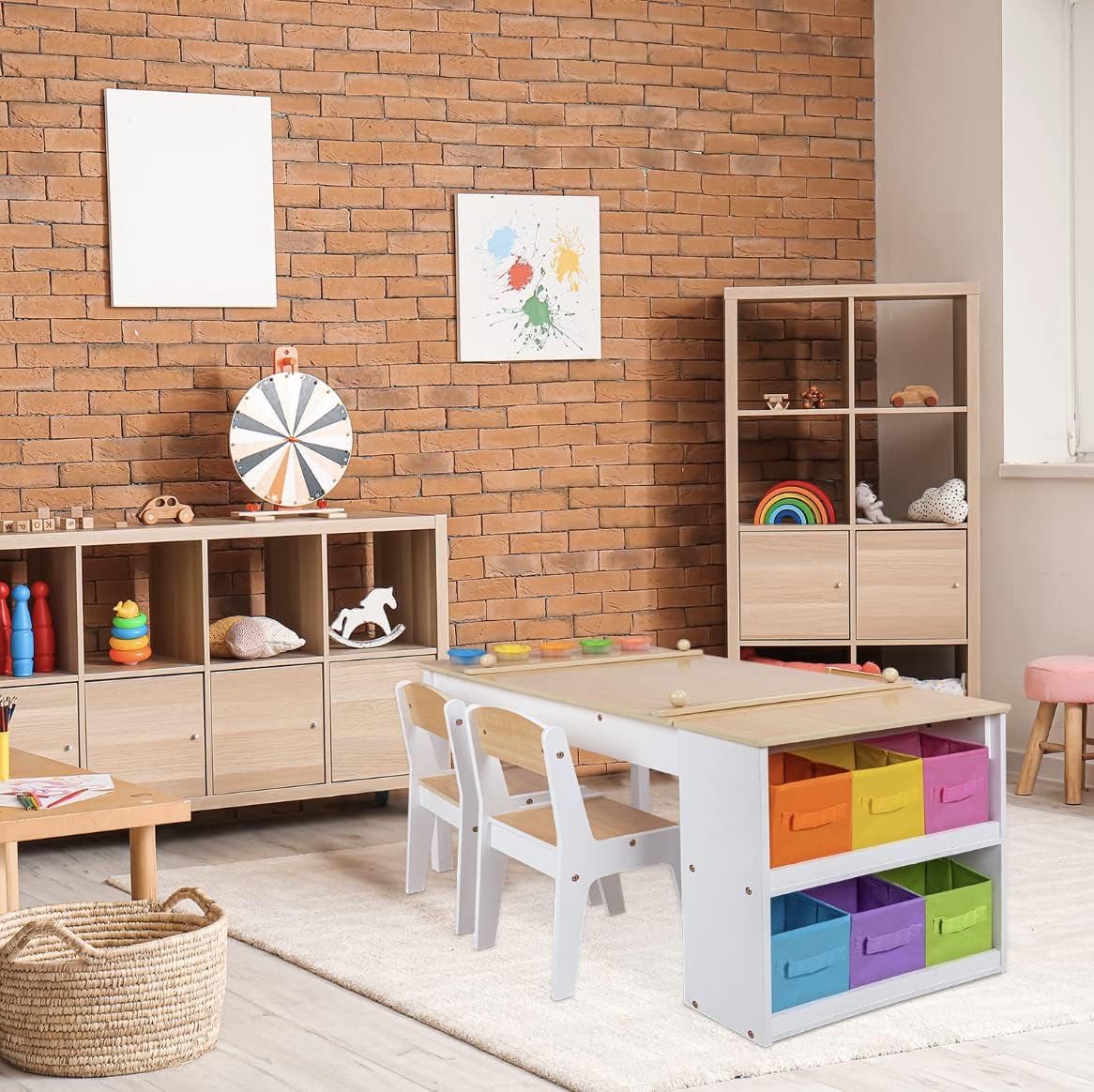 Milliard Kids Art Table Set with Chairs for Playroom, Toddler Craft and Play Wood Activity Table with Storage Bins and Paper Roll (Wood and White)
