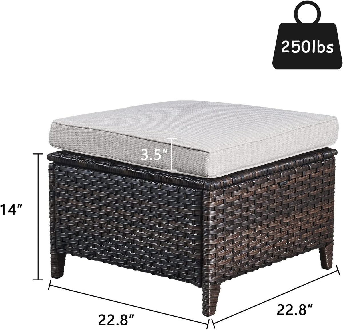 Rilyson Luxury Outdoor Wicker Patio Ottomans Set of 2, 250 lbs Capacity Rattan Large Ottomans for Patio Footrest Set 22.8in*22.8in*14in with 3.5in Thick Cushion (Brown/Beige)