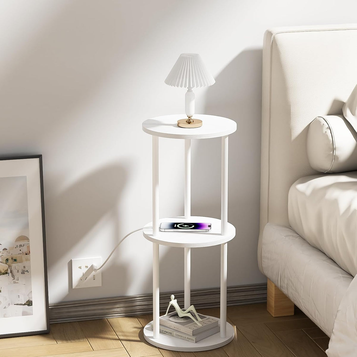 11.8'D Round Drink Table - 3-Tier Small Side Table with Wood Legs, End Table for Small Space, Balcony & Office | Space-Saving, Multi-Functional (Plants, Books, Drinks), White