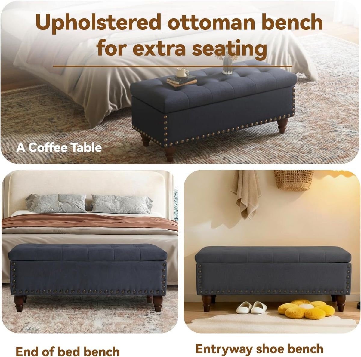 42'' End of Bed Storage Bench with Dual-Surface Lid, Upholstered Ottoman with Hidden Storage, Chenille Bench Seating with Wood Panel Seat for Entryway,Living Room,Bedroom-Blue