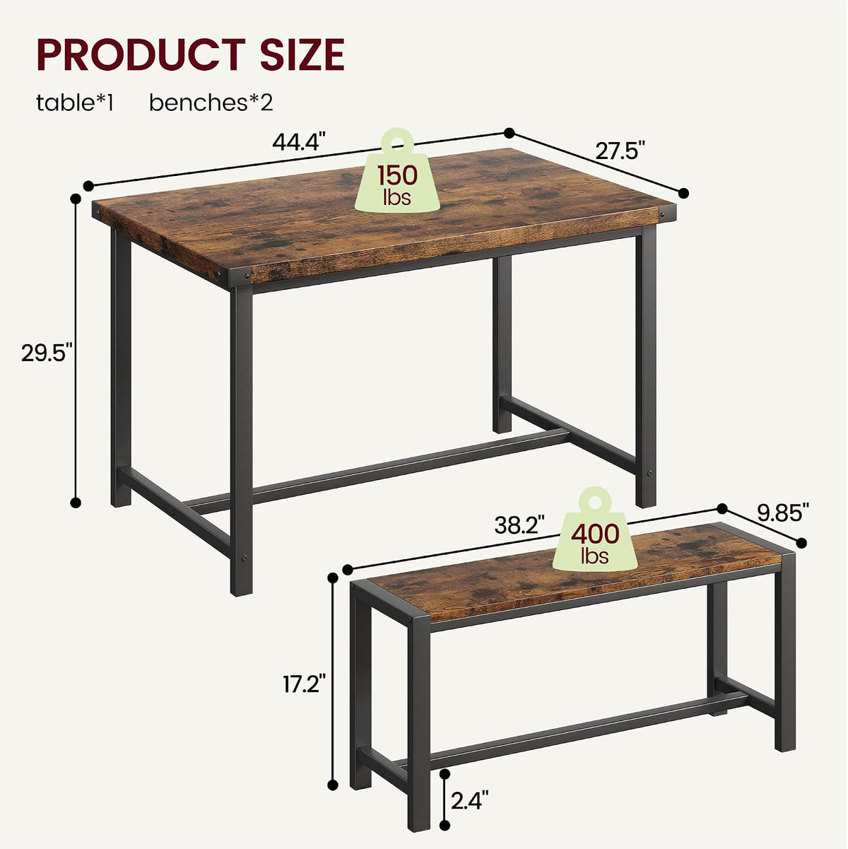 GAOMON Dining Table Set for 4, Wooden Kitchen Table with 2 Benches, 3 Piece Rectangular Dining Room Set, Space Saving Kitchen Tables Sets for Apartment, Small Space, Home, Rustic Brown