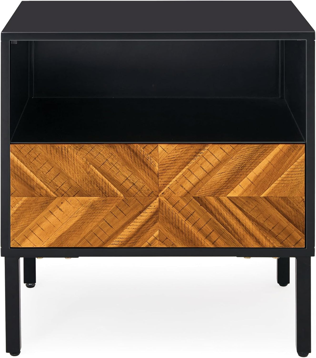 Bme Vivian Solid Wood Nightstand, End Table, Bedside Table with Herringbone Pattern for Rustic Bedroom, Easy Assembly, Rustic Golden Brown and Black
