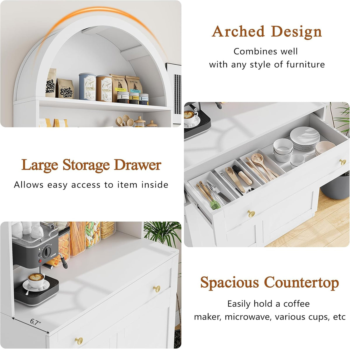 71" Tall Arched Kitchen Pantry Cabinet, Modern Kitchen Storage Cabinets with Hidden Drawer and Spacious Countertop, Wooden Storage Pantry Cabinet for Living Room, Dining Room, White
