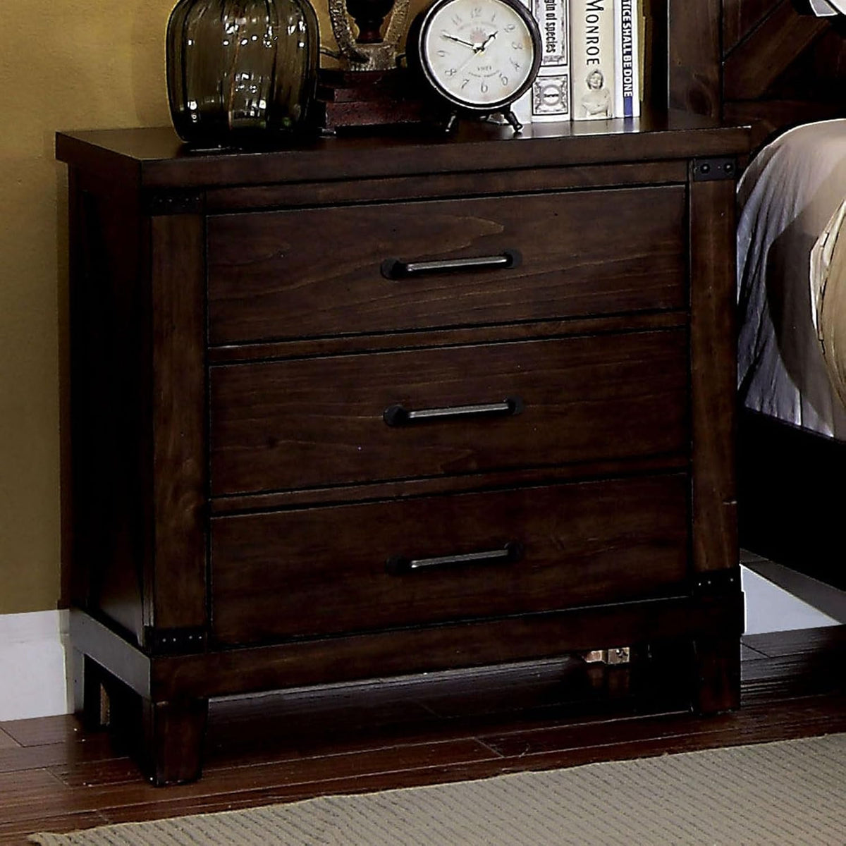 Rustic Style Dark Walnut Finish 1pc Nightstand Bedroom Furniture 3-Drawers Bedside Table Black Bar Pulls,for Small Spaces