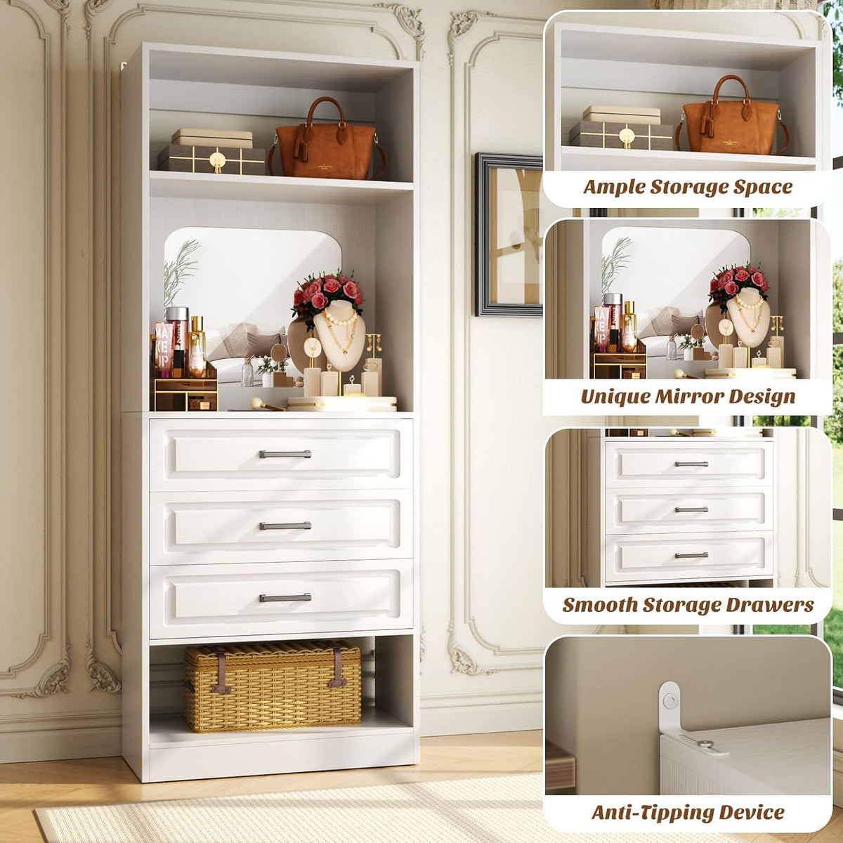 Unikito 25" Closet System with 3 Drawers and Mirror, Wardrobe, White | Freestanding storage shelves organizer, sturdy wood walk-in closet systems for small closets, 25" W x 16" D x 80" H.