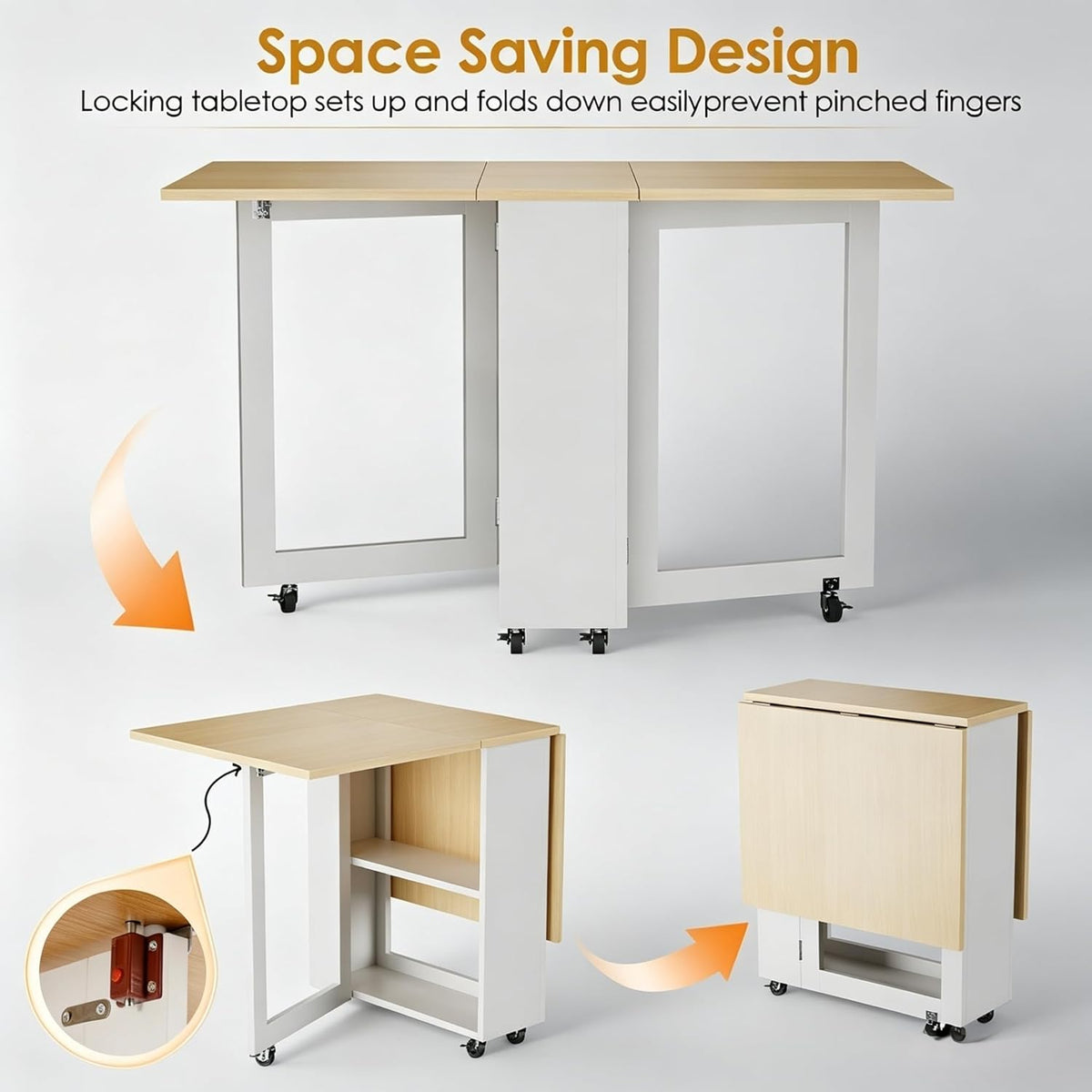 LotFun Portable Folding Dining Table, Space Saving Kitchen Table with 6 Lockable Casters & 2‑Tier Storage Rack, Multifunctional Table for Compact Spaces (48.6 x 24.6X 30.6)