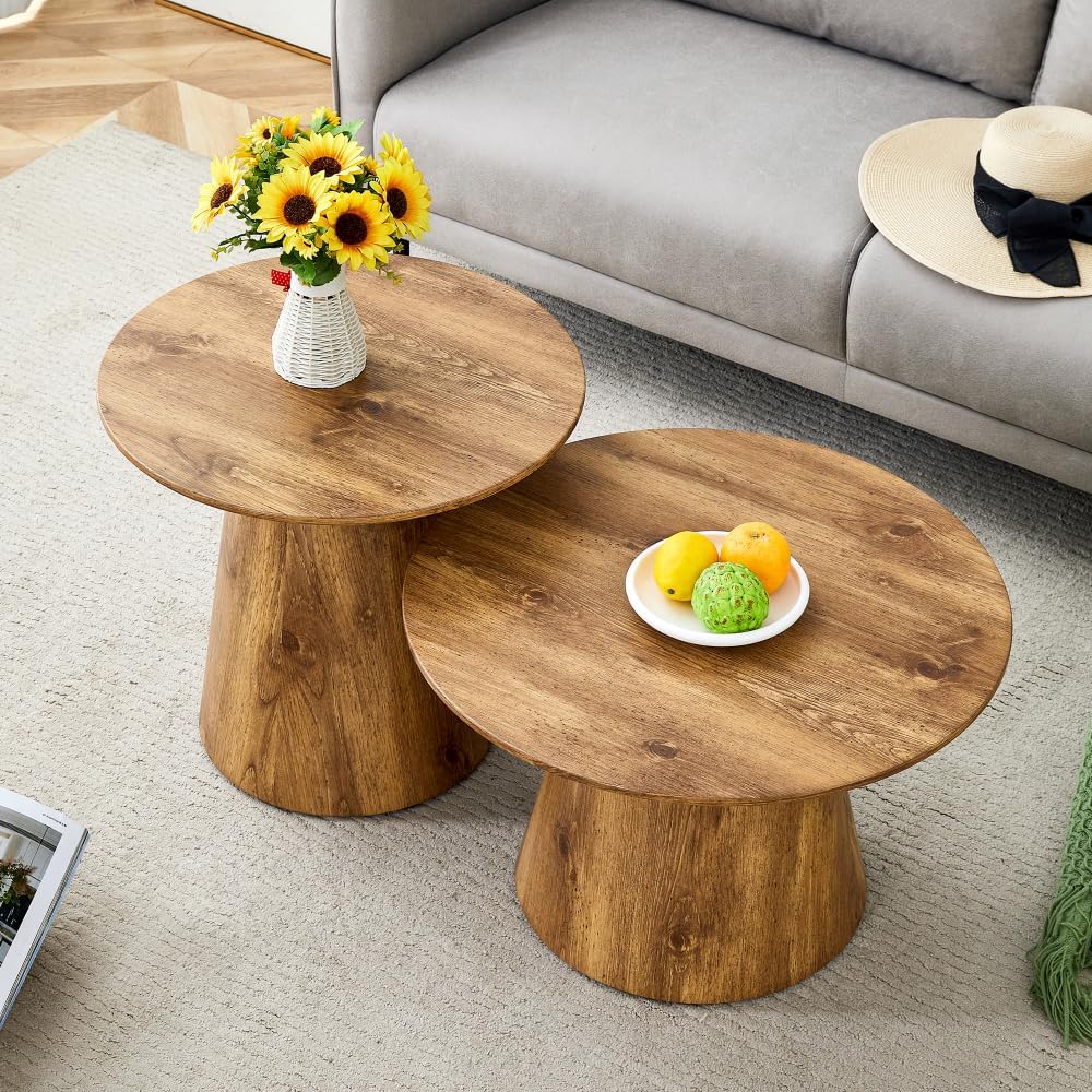 Nesting Coffee Table Set, Round Wood Grain Veneer, Mid-Century Modern | Classic Round Coffee and Side Table Set with Simple Wood-Grain Design for Living Rooms, Offices, and Center Spaces.