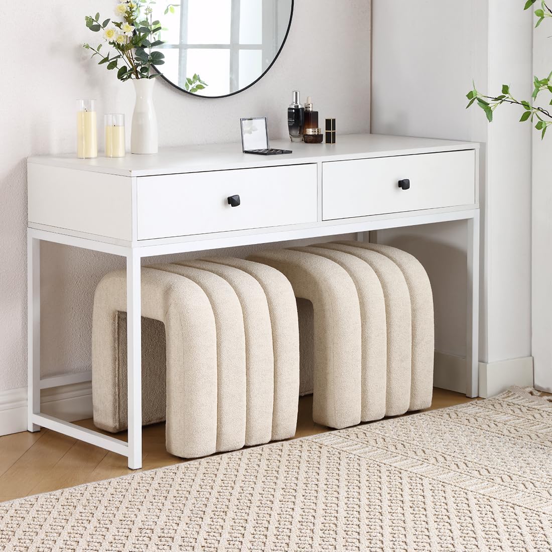 Flouki Ottoman Foot Stool with Channel Tufted, Small Ottoman Bench for Entryway, Modern Vanity Stool Chair, Upholstered Foot Rest Extra Seat for Living Room (Beige Linen, Set of 2)