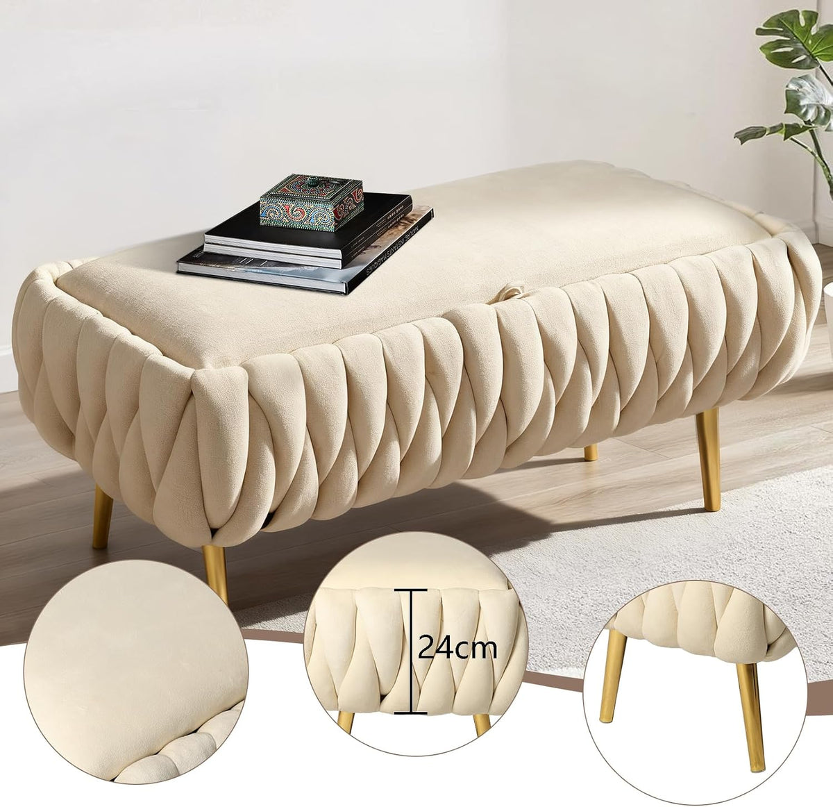 End of Bed Bedroom Storage Bench Upholstered, Hand-Woven Storage Ottoman Bench for Bedroom with Hinged Lid Golden Legs, for Living Room, Entryway Beige