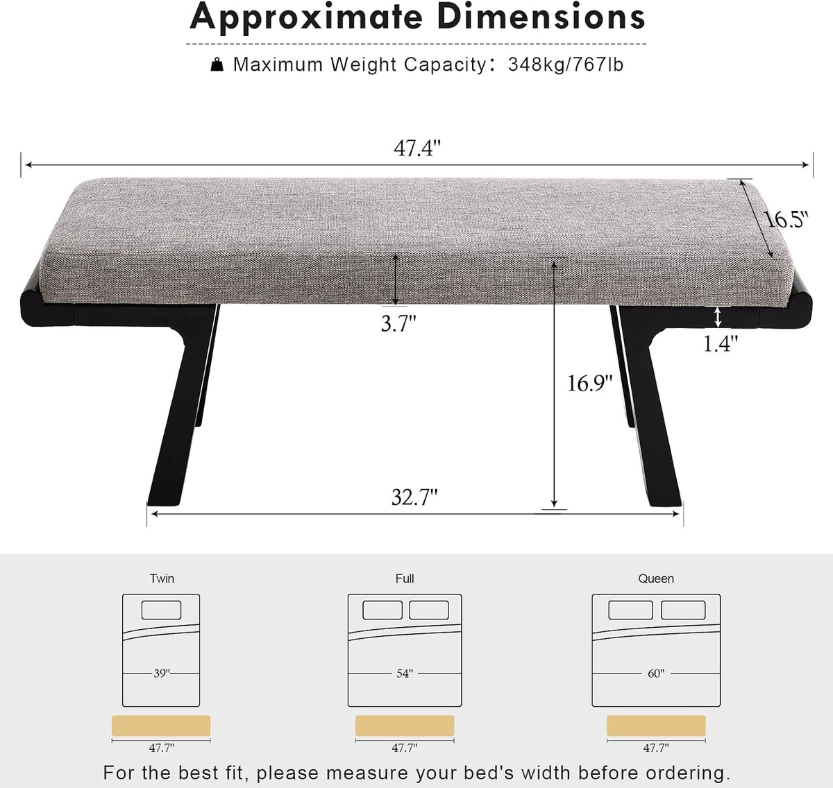 47" Upholstered Entryway Bench with Solid Wood Frame – Mid Century Modern End of Bed Bench, Dining Bench for Kitchen & Living Room, Grey