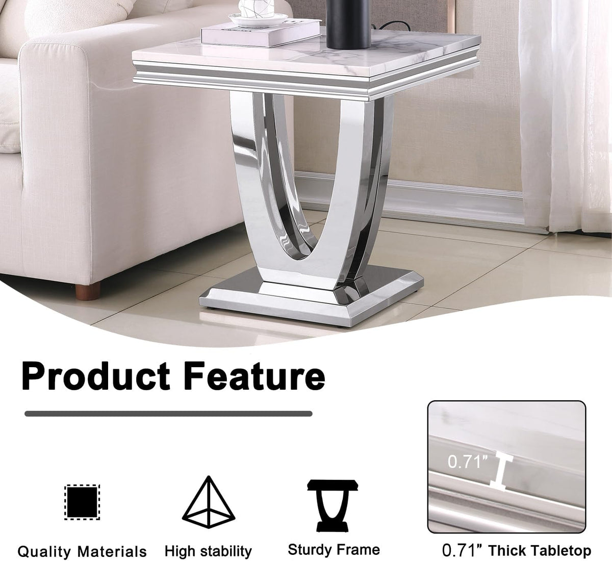 Henf 23in Square End Table Faux Marble End Table w/U Shape Steel Base,Luxury Sofa Side Table Tea Table for Living Room Office, Nightstand Bedside Table for Bedroom, White and Silver End Side Table