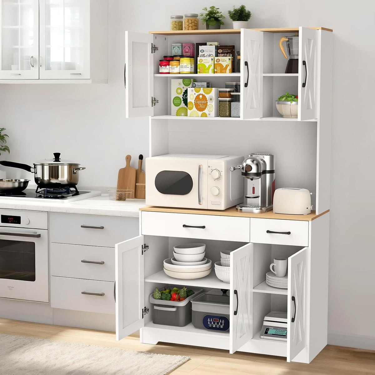 42" Tall Kitchen Pantry Storage Cabinet with Microwave Stand, with Charging Station, Farmhouse Food Pantry with Drawers for Living Room,Dining Room (White)