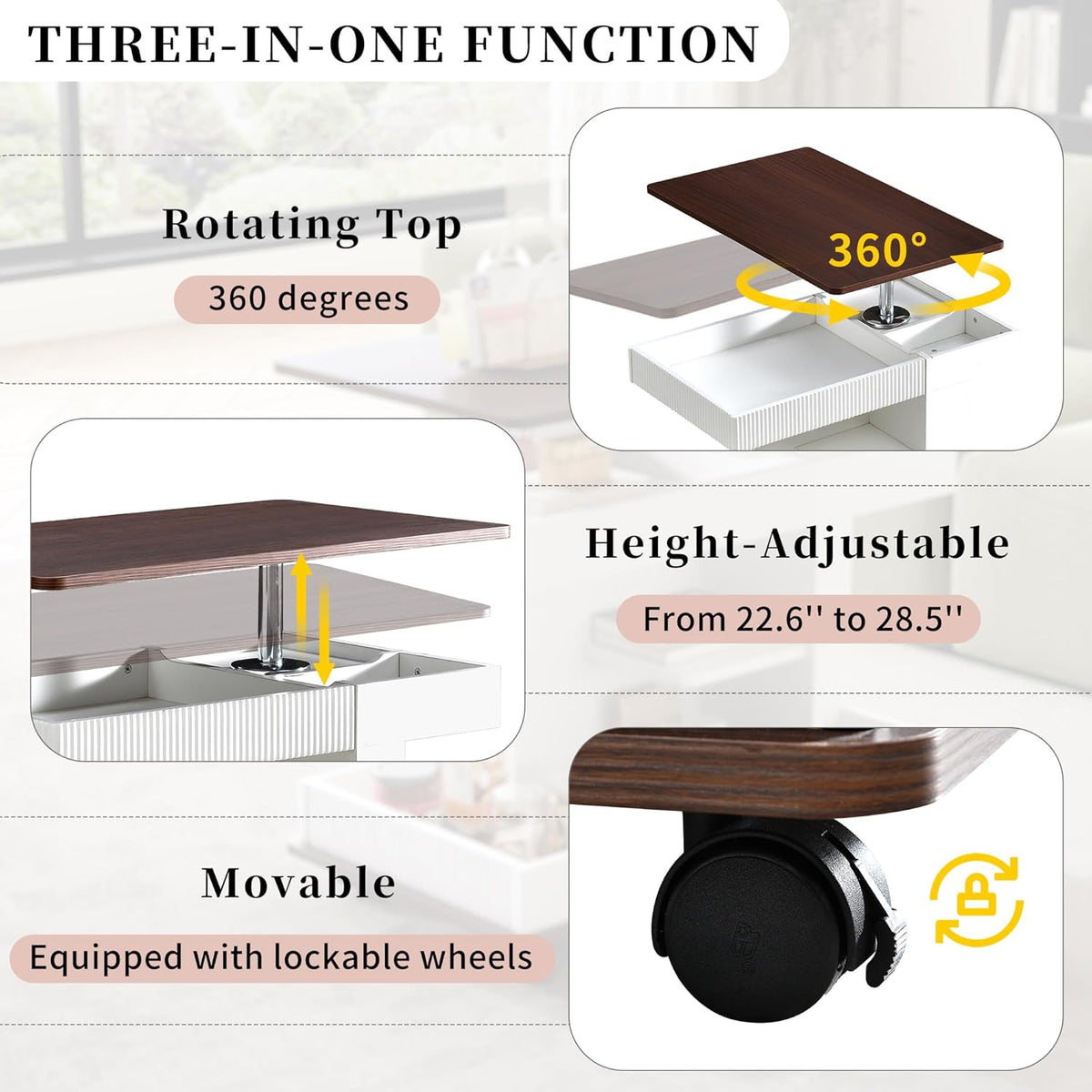 Merax Adjustable End Table with Wheels, Modern Multifunctional Sofa Side Table with Lift-Top, 360°Rotating Top and Storage Space for Living Room, Small Space, Brown+White