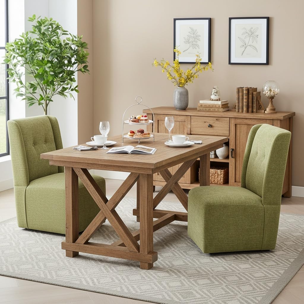Rolling Dining Chair with Casters, Modern Upholstered Armless High Back Swivel Chair on Wheels for Dining Room, Kitchen, Living Room (Green)