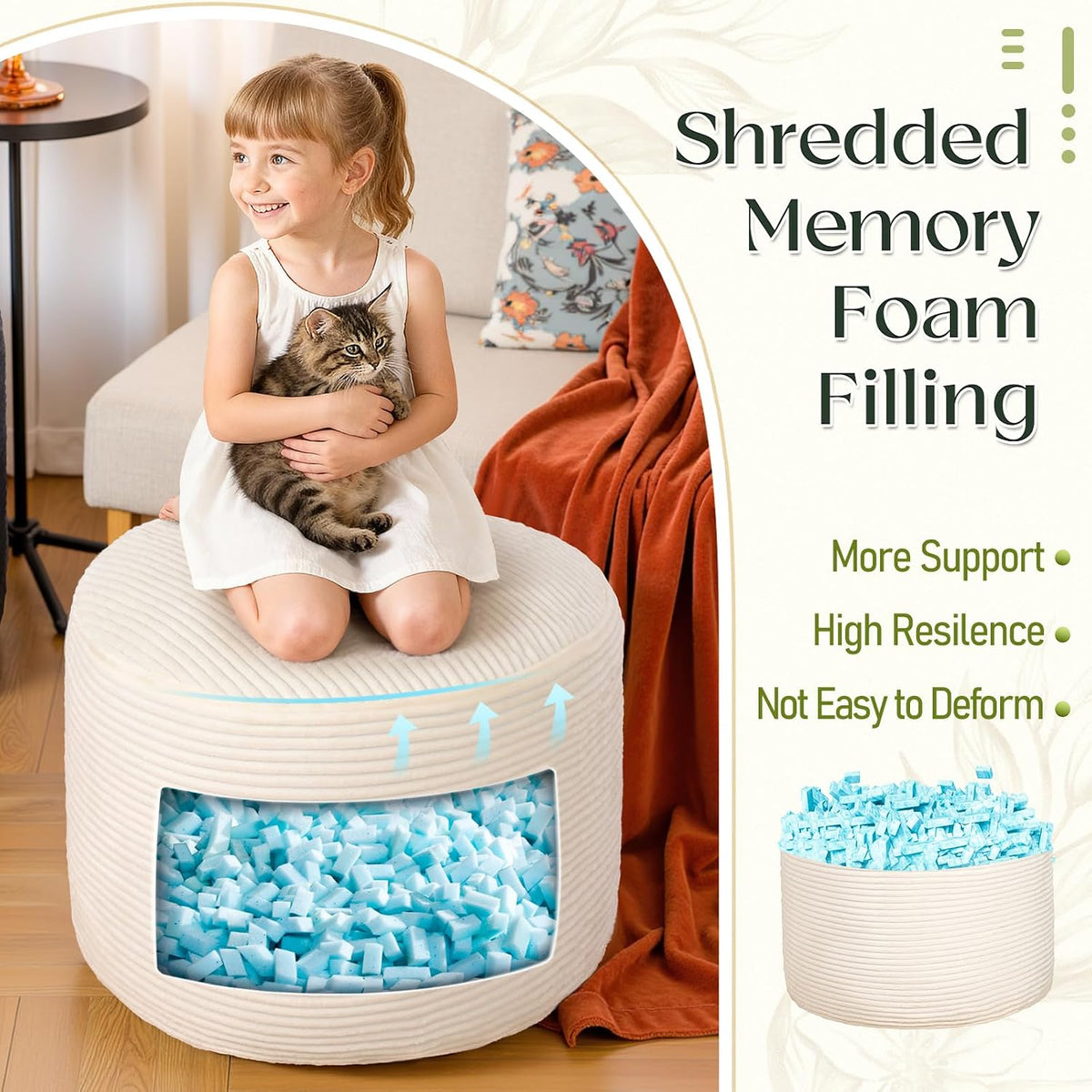 Round Corduroy Footstool Pouf for Couch | Soft plush shredded foam filled hassock stool. Perfect for living room use as foot rest or ottoman.