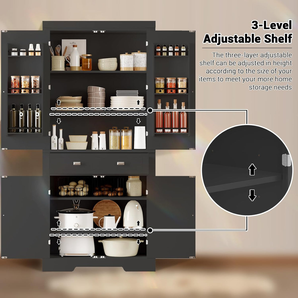 IDEALHOUSE 72" Kitchen Pantry Cabinet with Drawer, Doors and Shelves, Wood Farmhouse Storage Cabinet, Large Storage Cupboard for Living Room, Dining Room(Black)