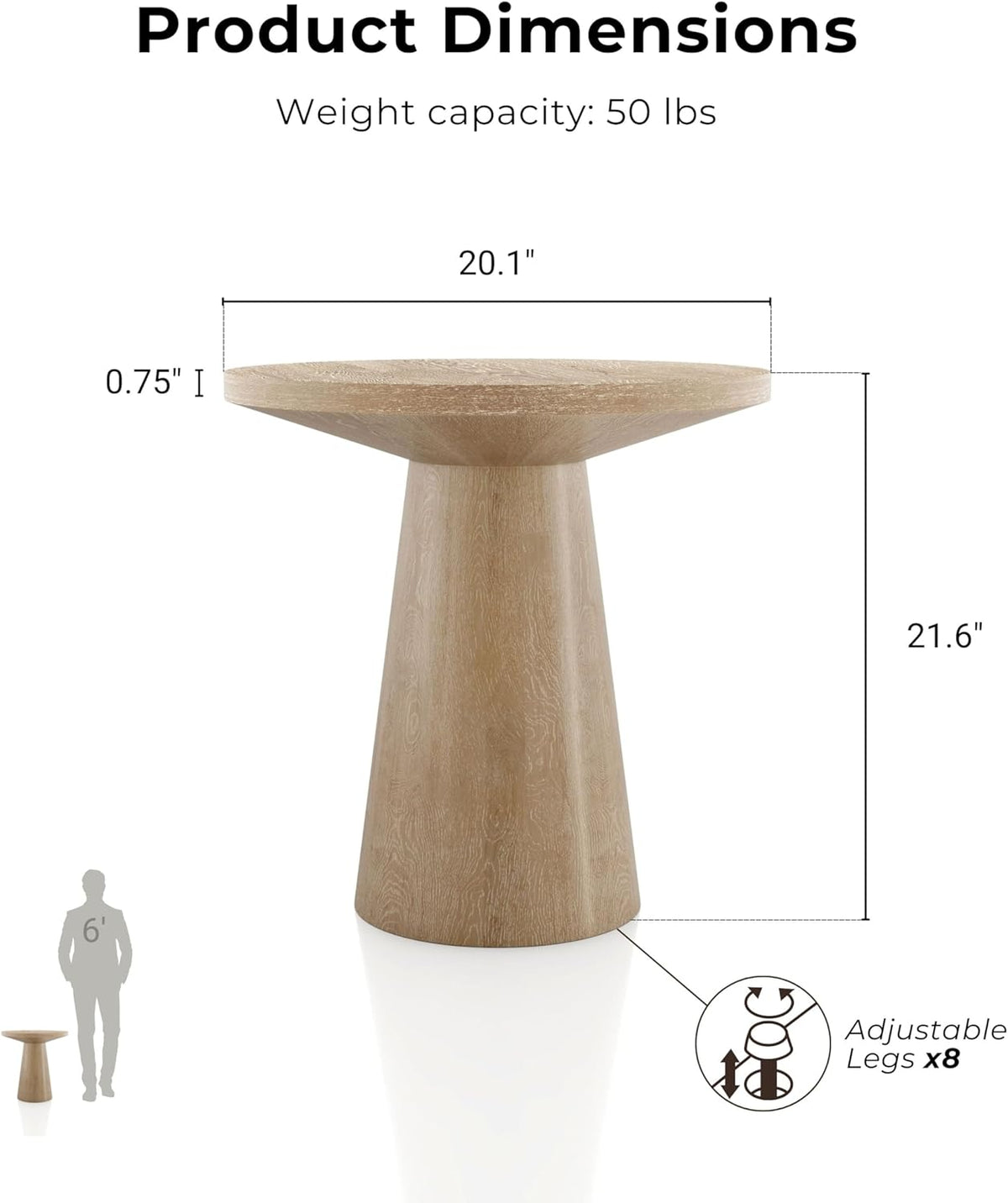 Furniture of America Crambel Modern Solid Rubberwood 20-inch Round End Table with Cone-Shaped Pedestal Base, Living Room Furniture for Small Space, Home Office, Oak Finish