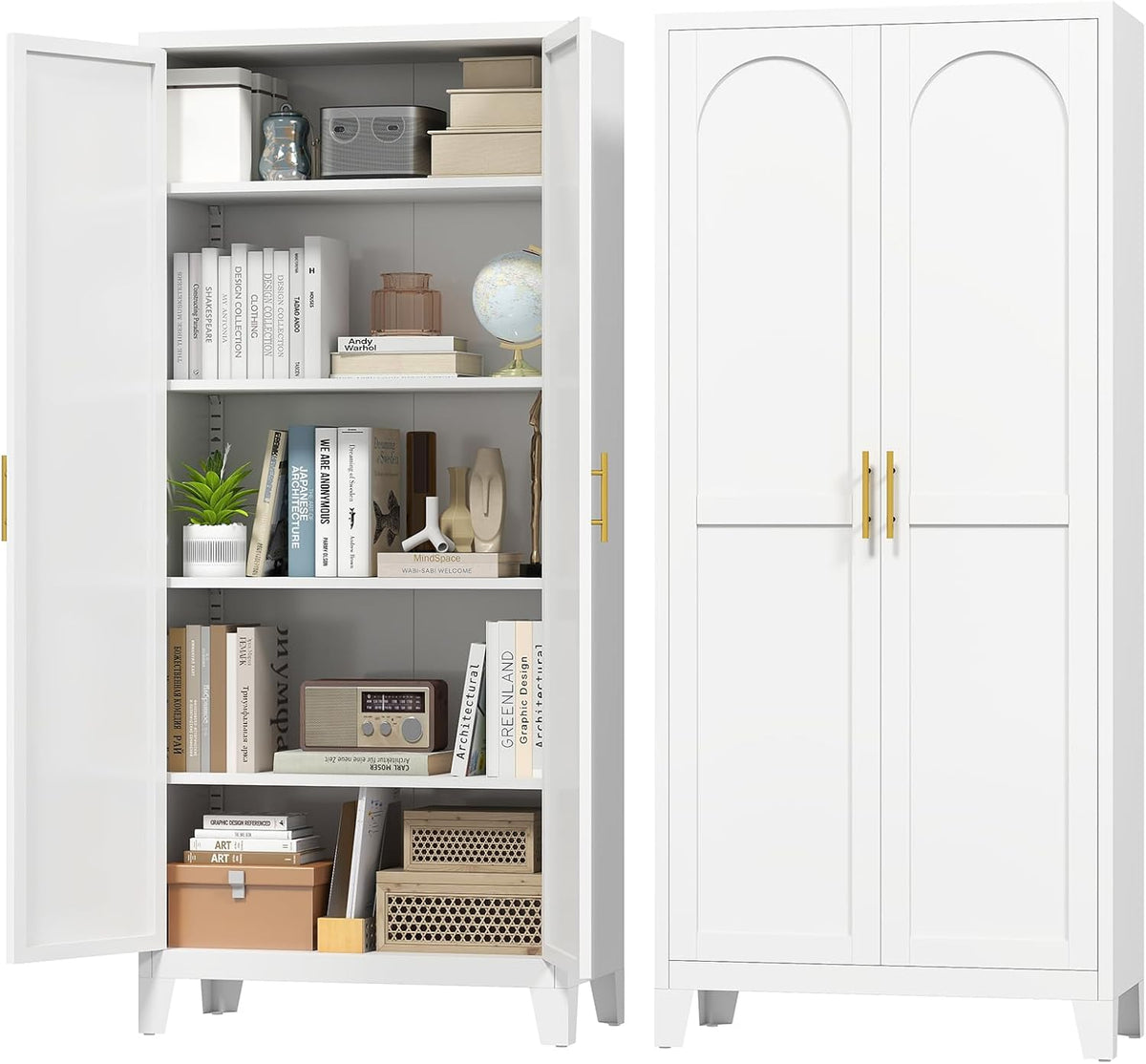 Zevemomo 71'' Tall Metal Pantry Cabinet with 2 Doors, Freestanding Kitchen Storage Cabinet with 4 Adjustable Shelves, Steel Cupboard for Kitchen, Pantry, Dining Room, Living Room, Bathroom, White