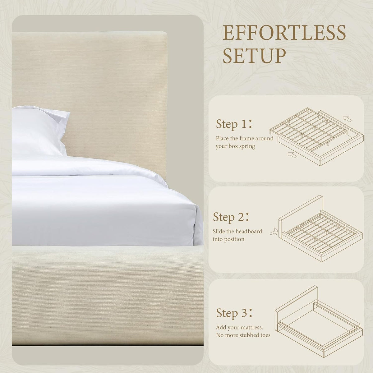 XIAO WEI Queen Cloud Bed Frame, Upholstered Platform Bed Frame with Headboard, 5.9" Thick Fully Padded Frame, Warm Ivory Ribbed Chenille Fabric, Noise-Free, No Box Spring Required, Easy Assembly