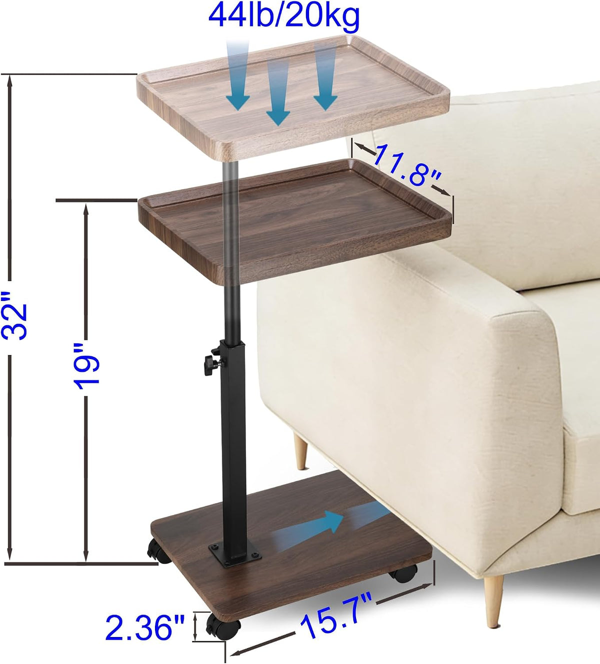 C Shaped End Table for Couch, Adjustable Height C Shaped Side Table with Wheels,TV Trays Table for Sofa, Bedroom,Living Room Small Spaces Couch Table