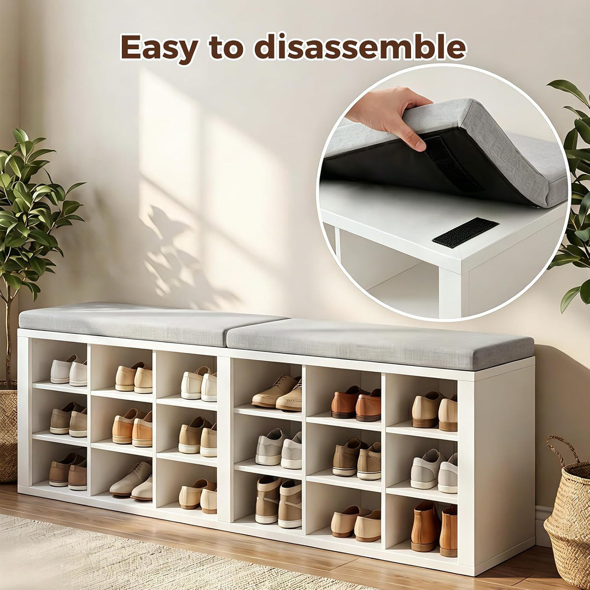 AMONIDA Shoe Storage Bench with Cushion, Entryway Bench with Shoe Storage,18 Cubby Shoe Bench with Removable Dividers, Shoe Organizer Bench for Entryway, Living Room, Light Grey (18, White)