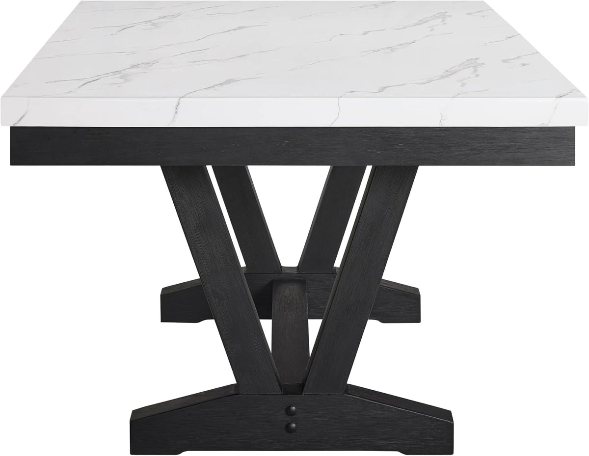Benzara Vinz Dining Table, 72 Inch White Faux Marble Top, Black Trestle Base