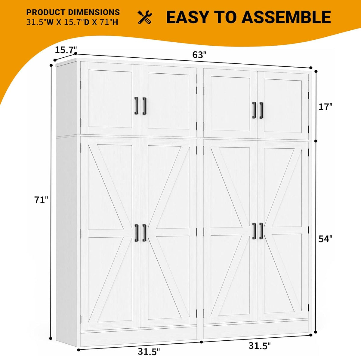 Unikito 71” Tall Kitchen Pantry Cabinet with Adjustable Shelves, 2 Pack | Large Farmhouse Storage Cabinets, Barn Doors, Sturdy and Deep, Versatile for Dinning Room, Living Room, Office, White