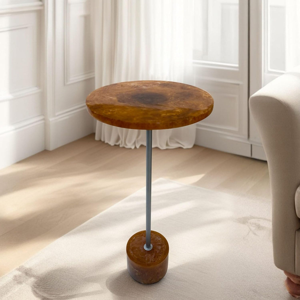 Carolina Chair & Table Amber Glow Pedestal Accent 25 Inch Round Resin Side Table with Nickel Base – Modern, Compact, Durable, Multi Purpose Furniture for Elegant Living Spaces & Home Decor