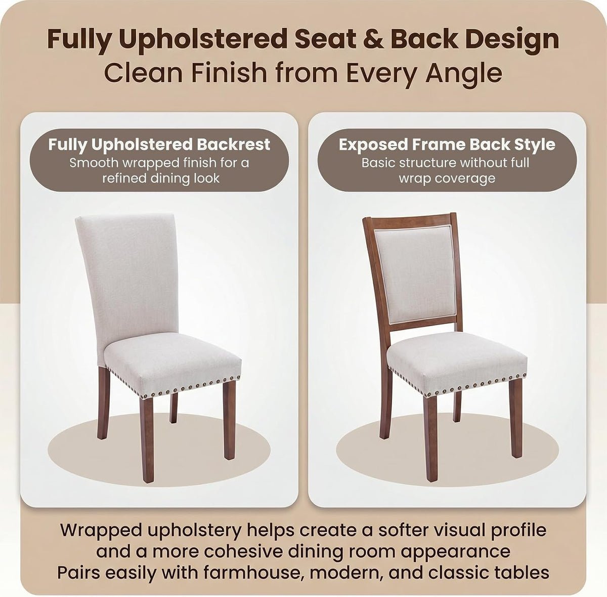 COLAMY Upholstered High Back Dining Room Chairs Set of 4 with Comfortable Padded Seat, Fabric Dining Chairs with Solid Rubber Wood Legs for Dining Room, Classic Gray Damask Pattern, Beige